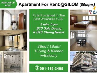 ให้เช่าอพาร์ทเมนท์ 2ห้องนอน ย่านสีลม(80 ตร.ม.)/BTS &MRT